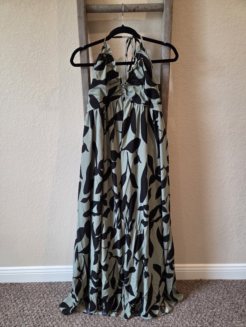 Halter Maxi Romper in Sage with Black Leaf Print - Size 4XL